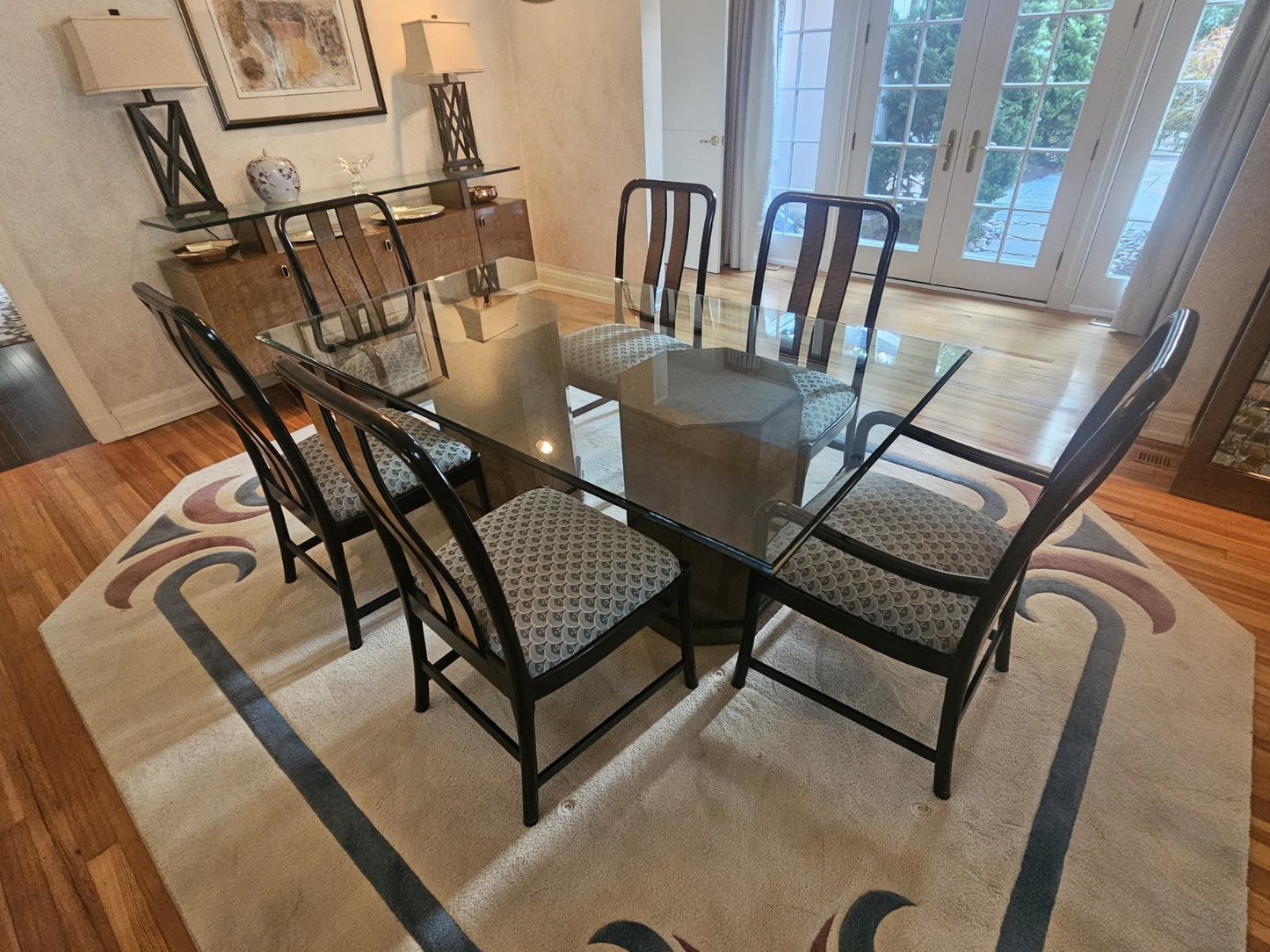 MCM Bernhardt Curly Maple Post Modern Dining Set Sideboard Curio Table & Chairs