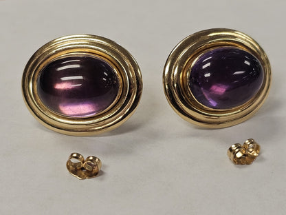 Vtg 14K Yellow Gold Oval Amethyst Cabochon Earrings 7 Grams 1 In Long