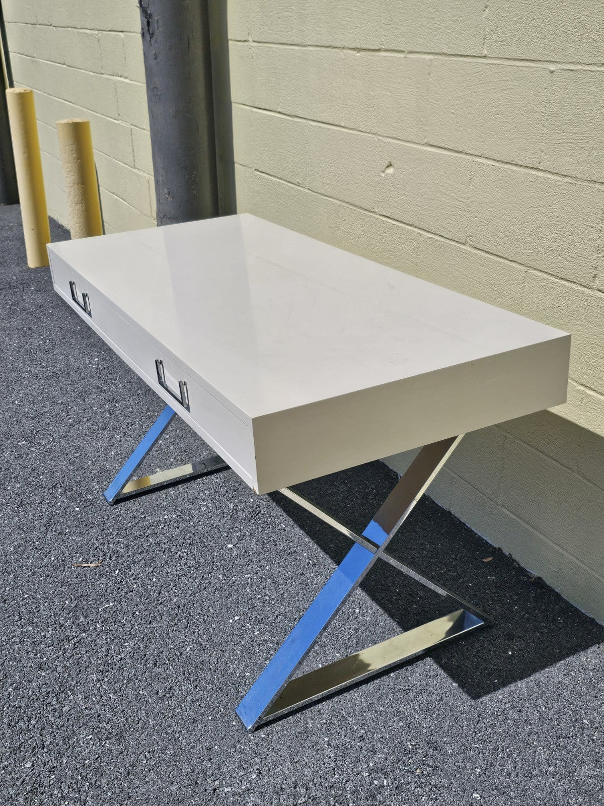 MCM Milo Baughman? Style Campaign Writing Desk White Lacquer & X Chrome Base