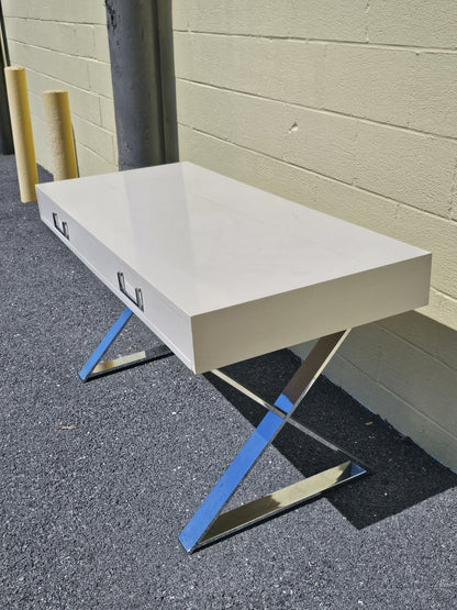 MCM Milo Baughman? Style Campaign Writing Desk White Lacquer & X Chrome Base