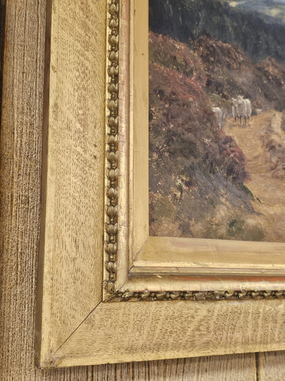 Antique 19th Century Oil On Canvas 3D Painting Original Frame Mountsin Top Scene
