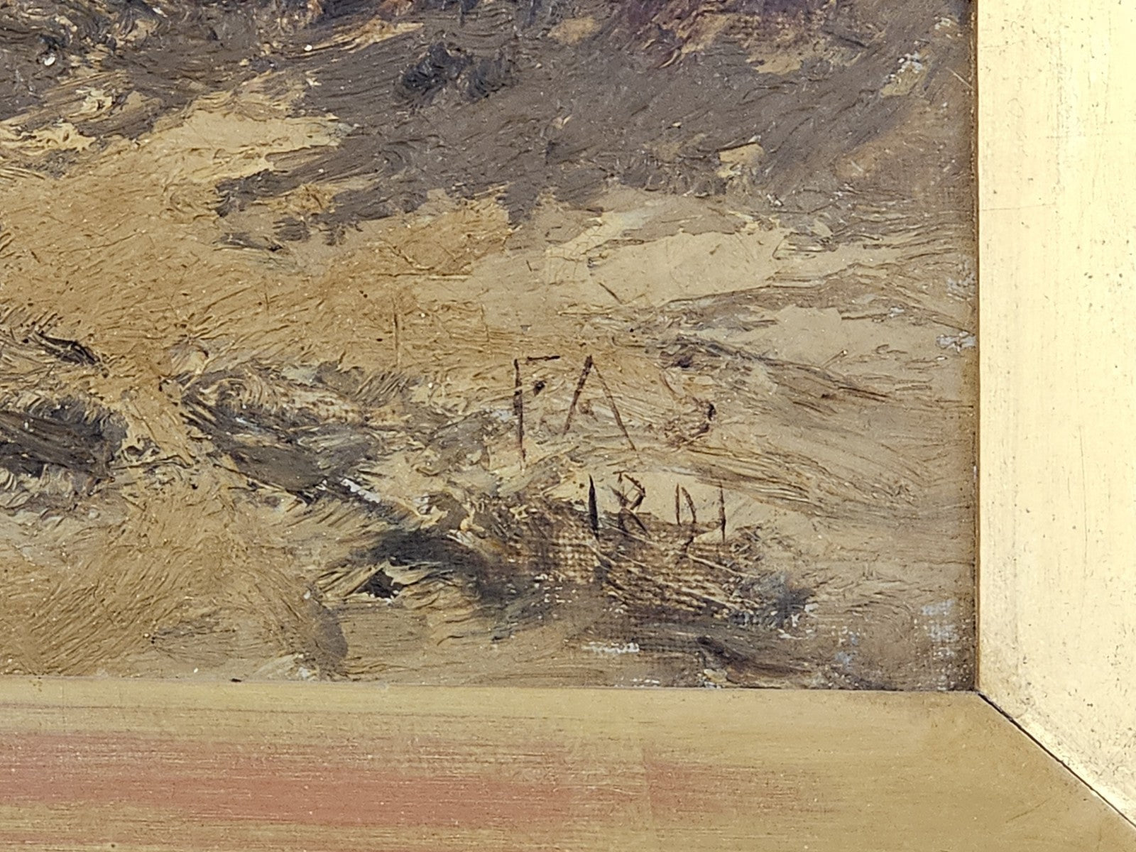 Antique 19th Century Oil On Canvas 3D Painting Original Frame Mountsin Top Scene