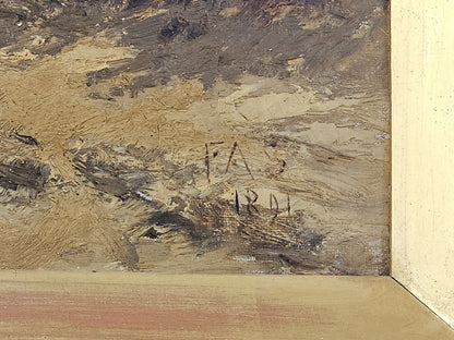 Antique 19th Century Oil On Canvas 3D Painting Original Frame Mountsin Top Scene