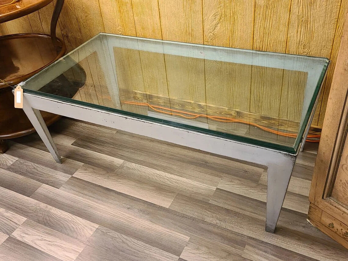 Modern Rustic Accent/Coffee Table with Glass Top and Metal Base