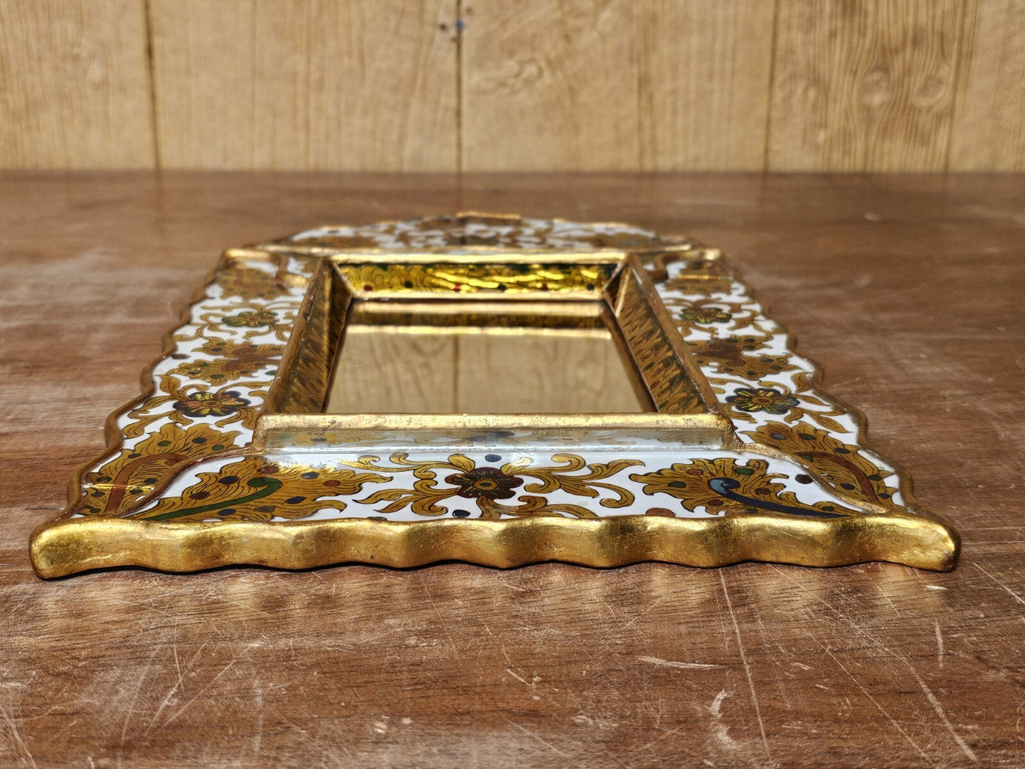 Vtg Reverse Hand Painted Glass Mirror On Wood With Gold Leaf & Ornate Medallions
