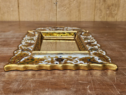 Vtg Reverse Hand Painted Glass Mirror On Wood With Gold Leaf & Ornate Medallions