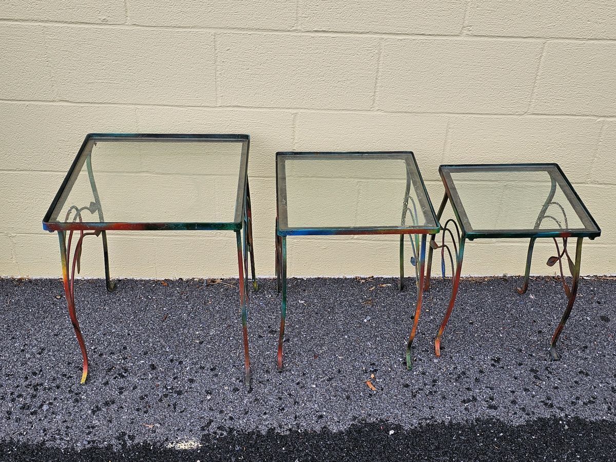 Mid Century Iron Metal Outdoor Nesting Tables w Colorful Leaf Design