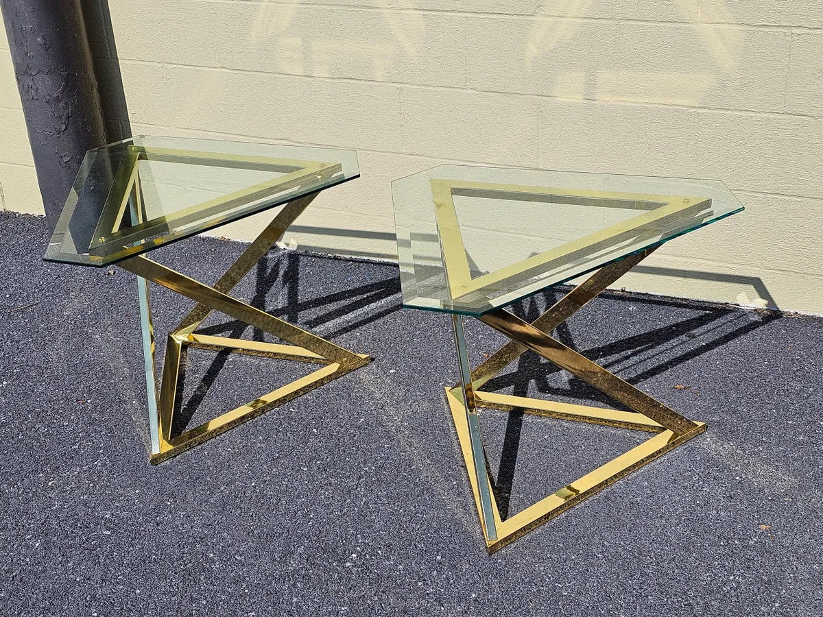 MCM Abstract Triangular Brass Base w Glass Top Accent End Tables
