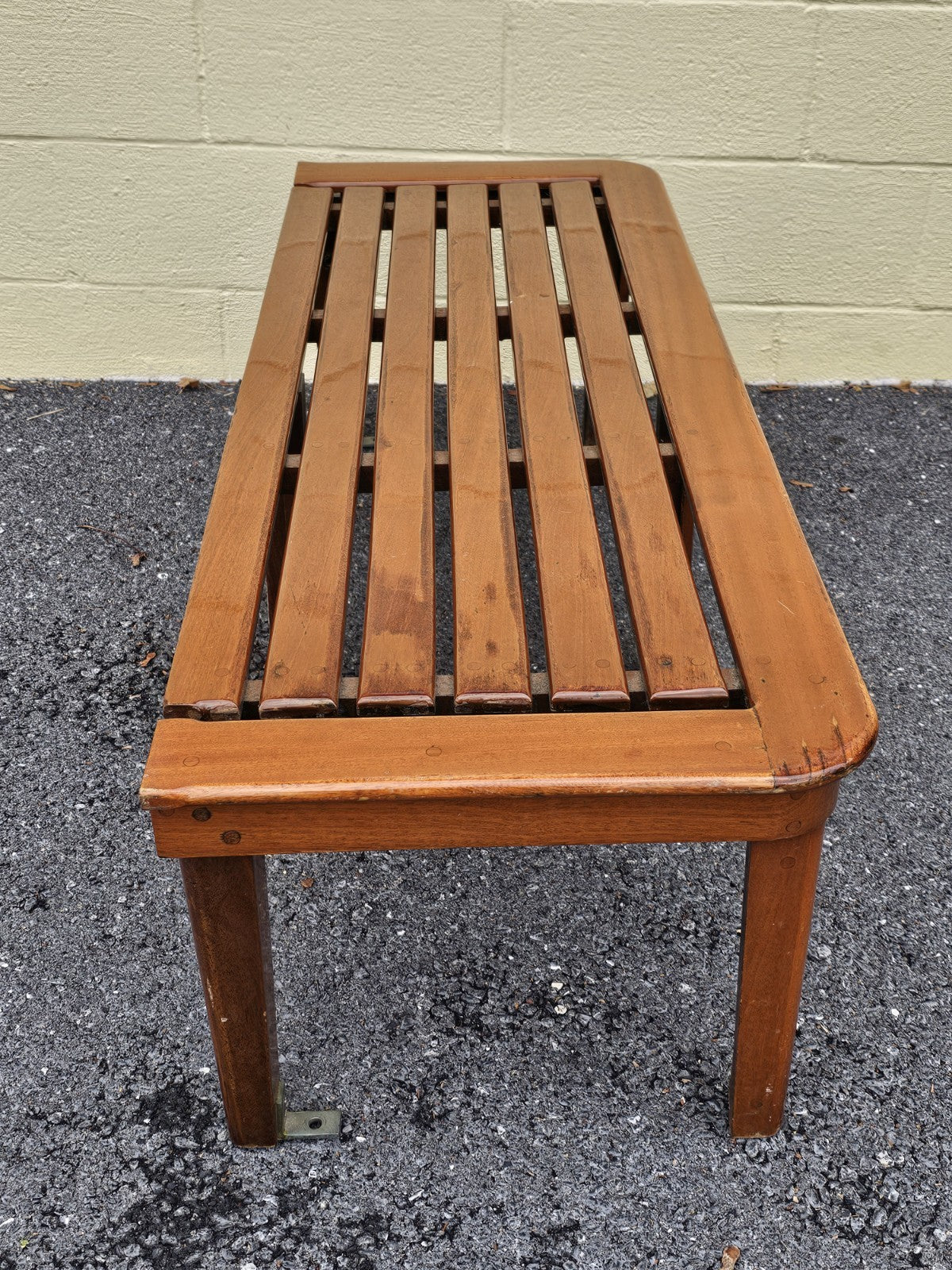 Mid Century Modern Teak Slat Boat Bench Vintage Wood Coffee Conversation Table 