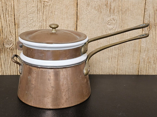 Vintage French Copper Brass Bazar Francais NY 666 Double Boiler 13" Wide X 7" Ta