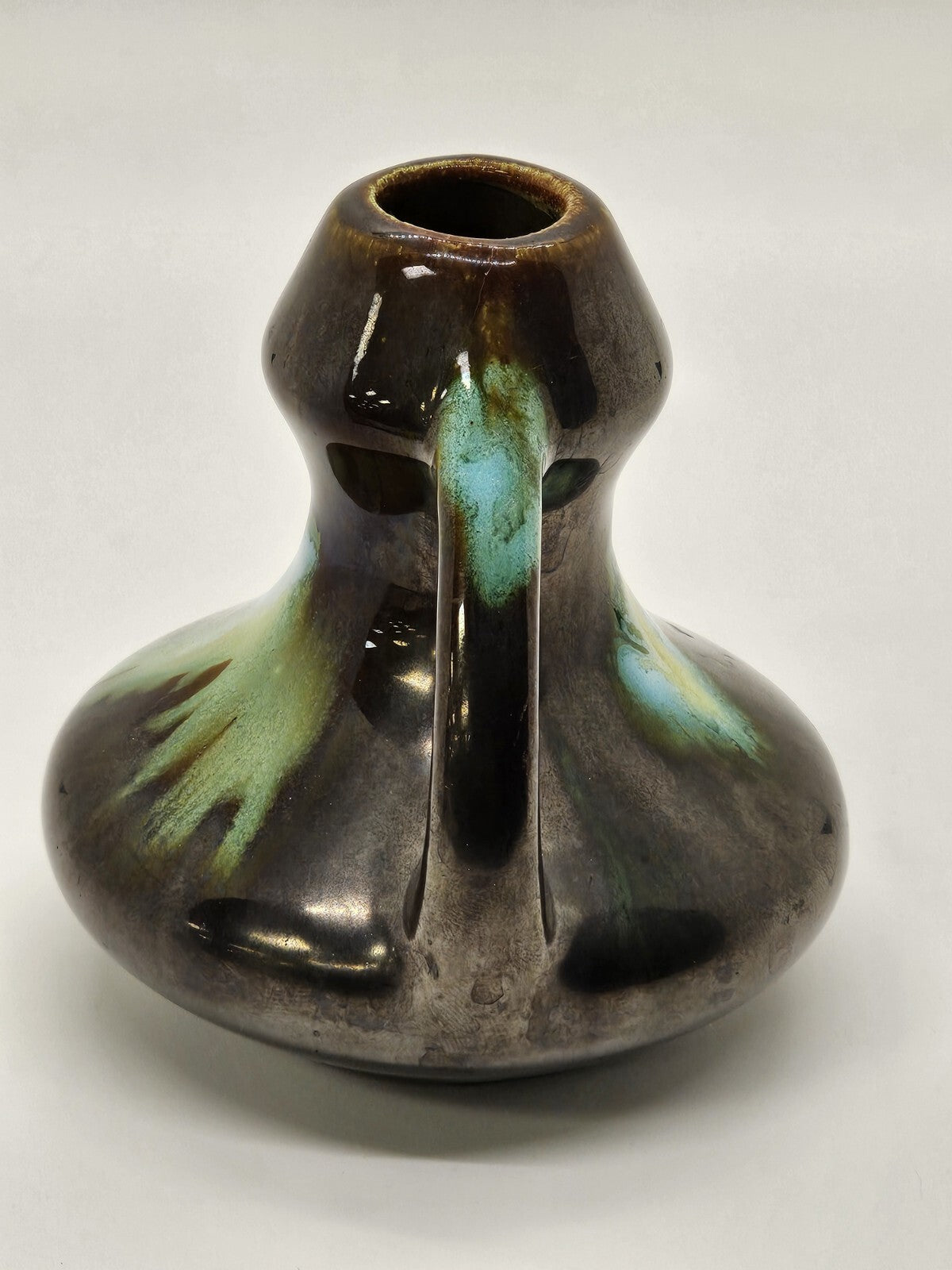 Vtg Belgium Pottery Bud Vase Brown With Green Glaze Double Handle 3.25 In Tall