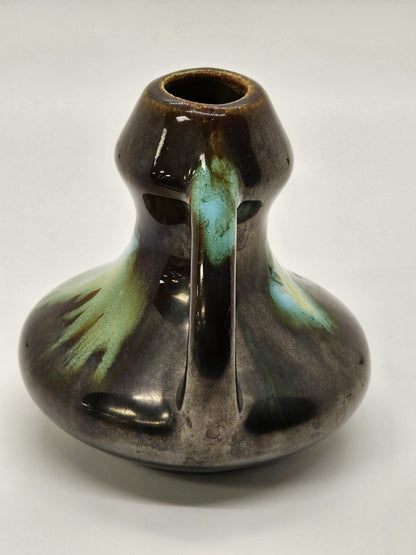 Vtg Belgium Pottery Bud Vase Brown With Green Glaze Double Handle 3.25 In Tall