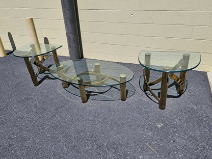 1980s Post Modern Tubular Brass & Beveled Glass Side Table Coffee Table Set