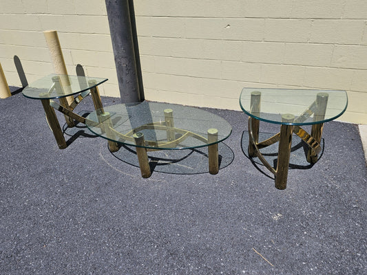 1980s Post Modern Tubular Brass & Beveled Glass Side Table Coffee Table Set