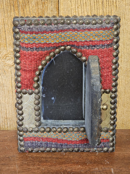 Vtg Indian Handmade Hand Stitched Jharokha Brass Wood Fabric Wall Mirror 