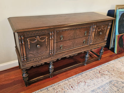 Antique Jacobean Walnut Sideboard Ornately Carved Buffet Server W Brass Hardware