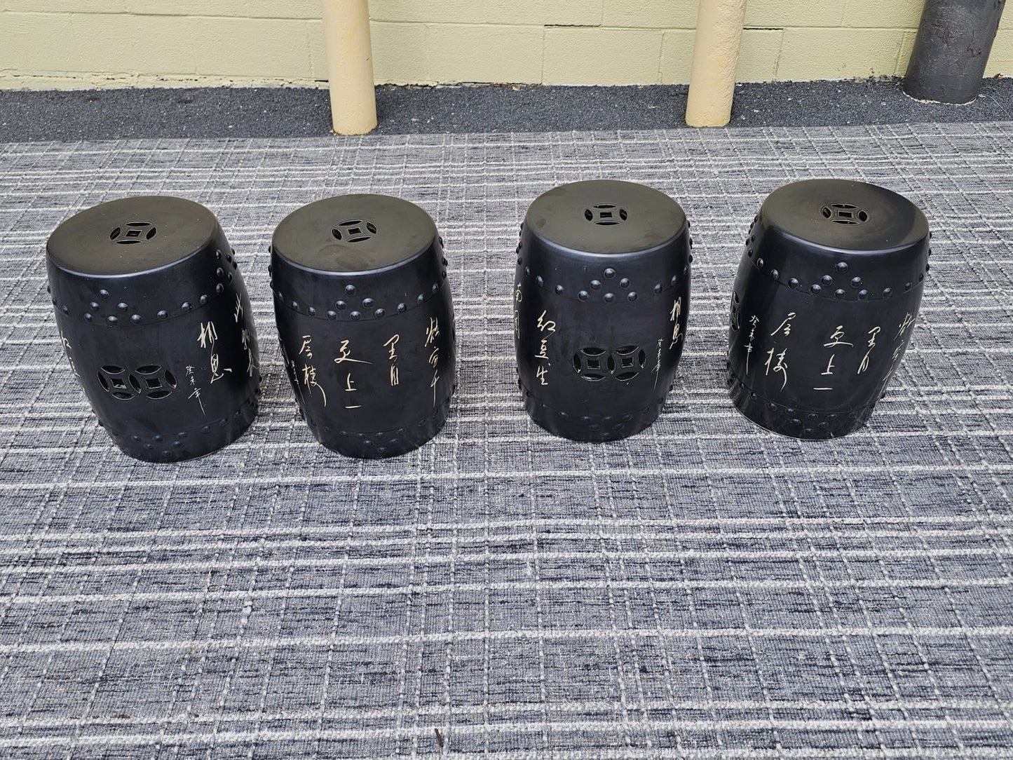 Black Chinese Calligraphy Porcelain Ceramic Round Table & 4 Garden Stool Chairs