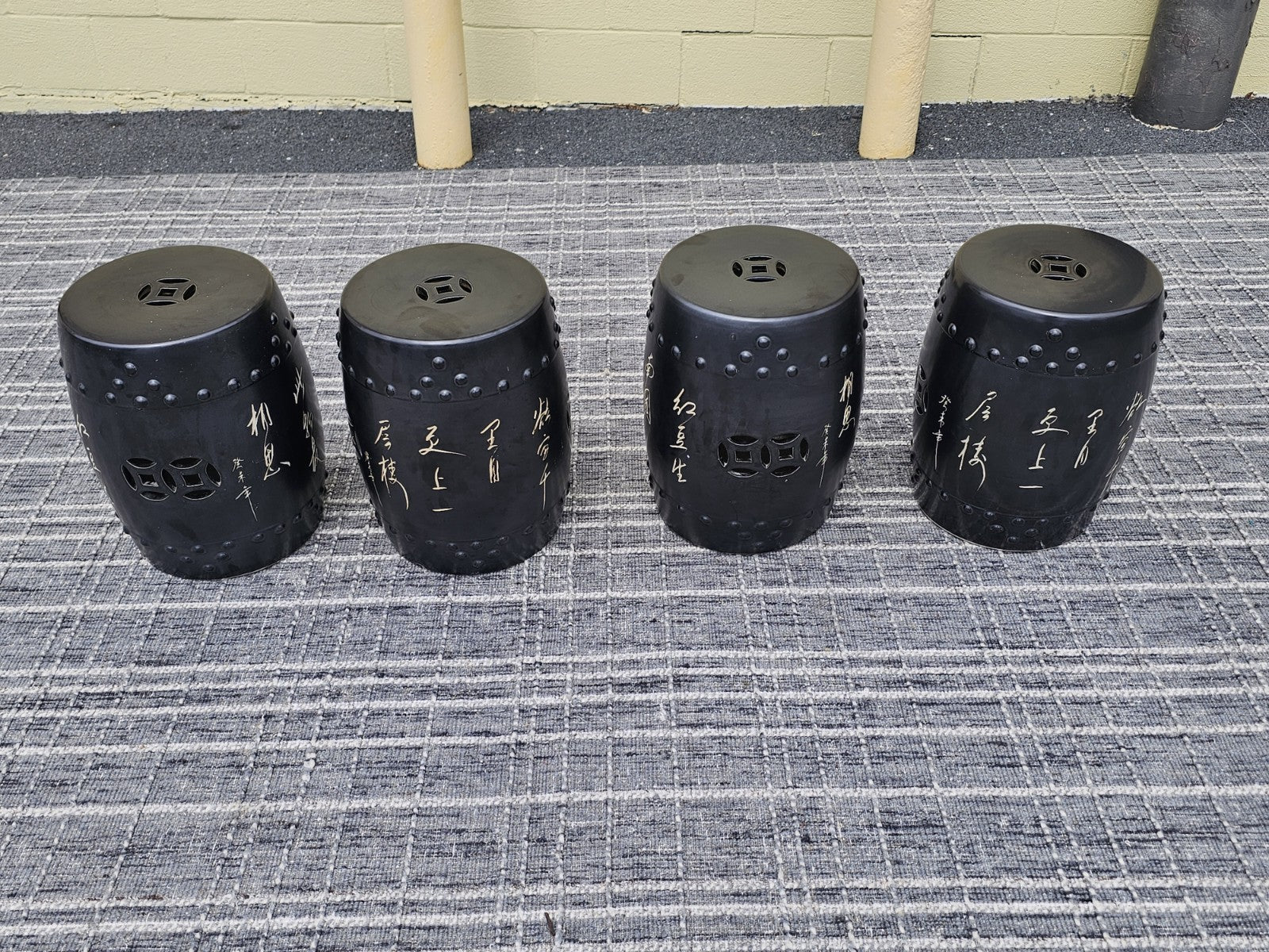 Black Chinese Calligraphy Porcelain Ceramic Round Table & 4 Garden Stool Chairs