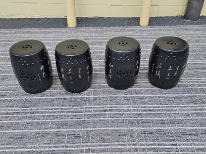 Black Chinese Calligraphy Porcelain Ceramic Round Table & 4 Garden Stool Chairs
