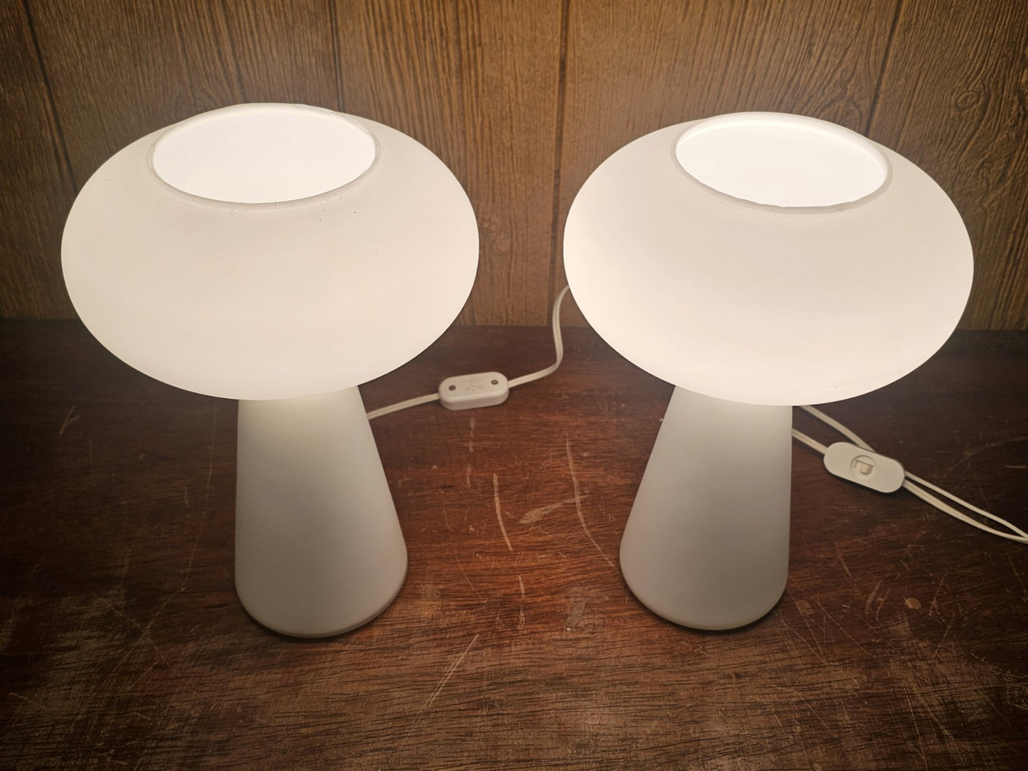 Mid Century MCM Mushroom Lamp Pair Frosted Glass By Gilbert 11.75 In Tall
