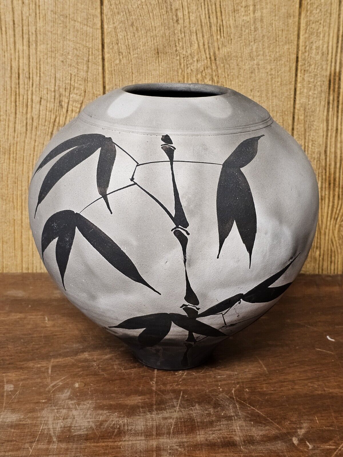 A Jeffrey Zigulis Raku Vase Signed With Bamboo Leaves 11" X 11" X 11"