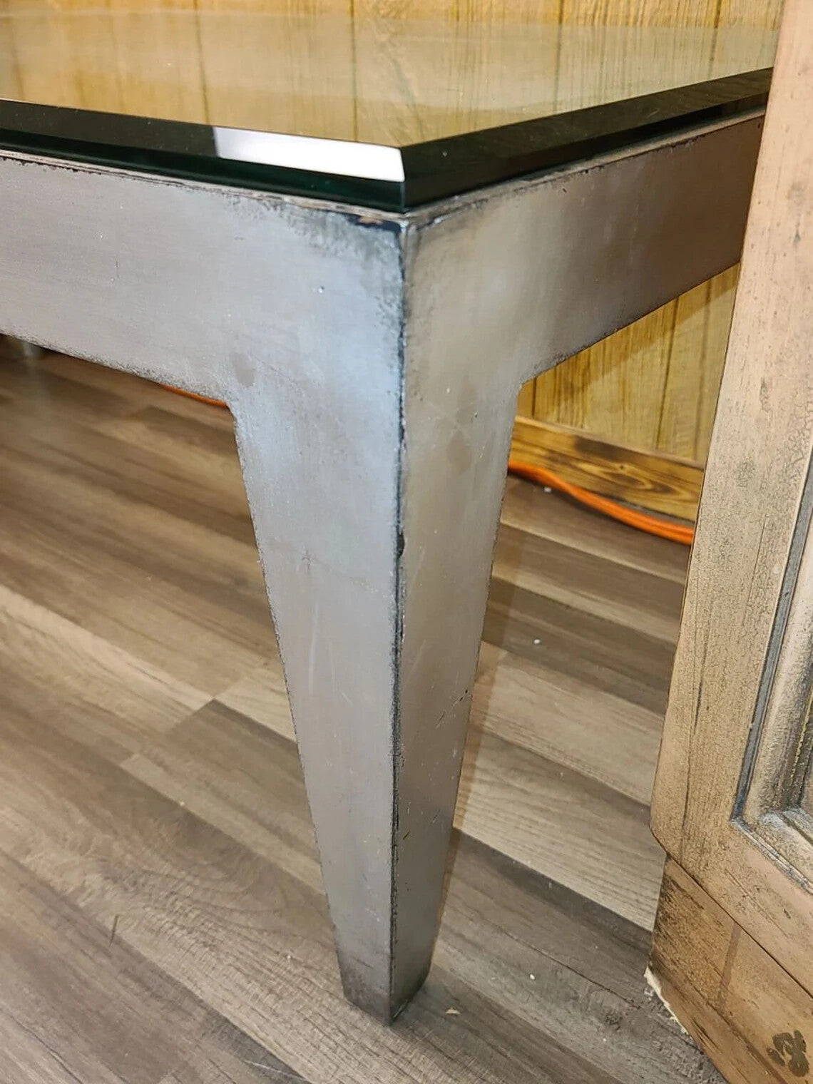 Modern Rustic Accent/Coffee Table with Glass Top and Metal Base