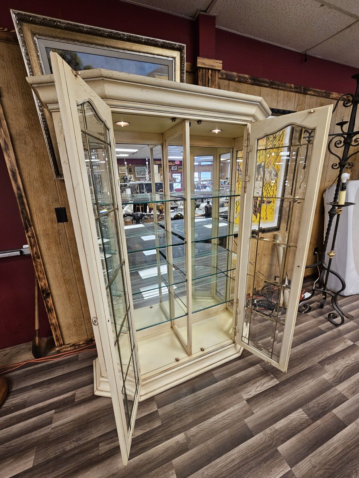 High Quality Distressed Lighted Display Cabinet W Beveled Panel Glass 2 Doors