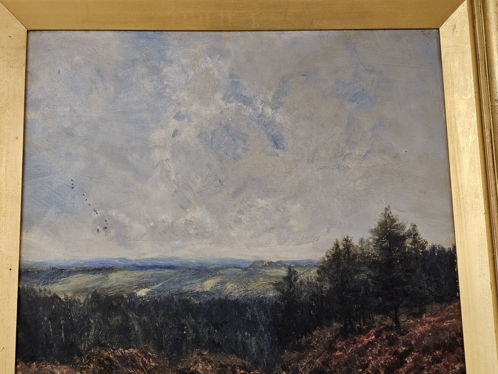 Antique 19th Century Oil On Canvas 3D Painting Original Frame Mountsin Top Scene