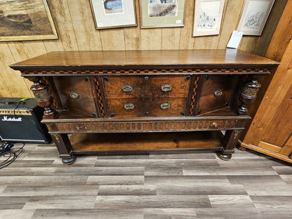 Antique Oak Sideboard Cabinet W Carved Columns & Checkered Inlay 3 Drawers