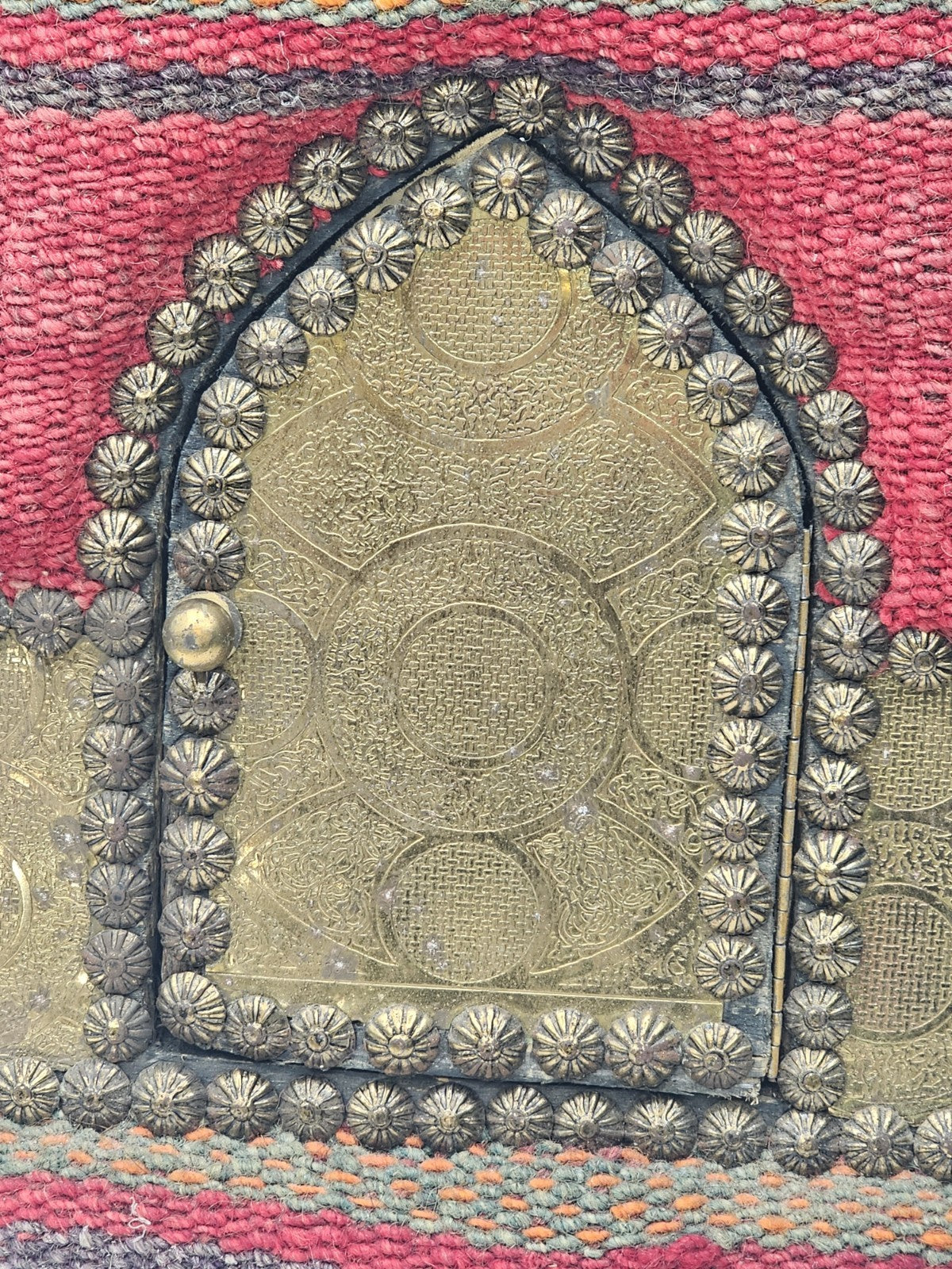 Vtg Indian Handmade Hand Stitched Jharokha Brass Wood Fabric Wall Mirror 