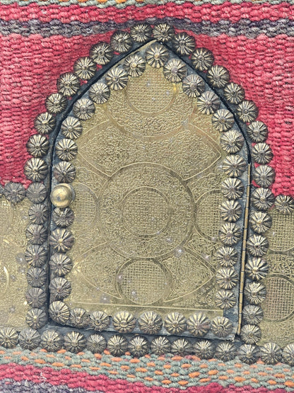 Vtg Indian Handmade Hand Stitched Jharokha Brass Wood Fabric Wall Mirror 
