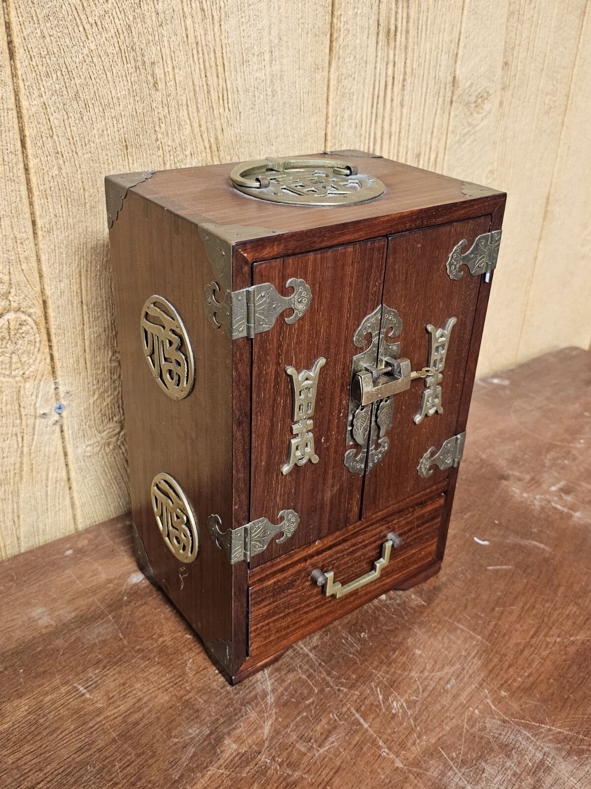 Vtg Chinese Real Wood 5 Drawer Jewelry Box With Brass Pulls & Lock 12 " Tall