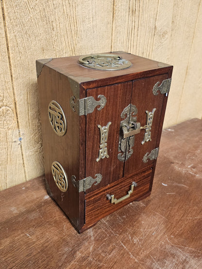 Vtg Chinese Real Wood 5 Drawer Jewelry Box With Brass Pulls & Lock 12 " Tall