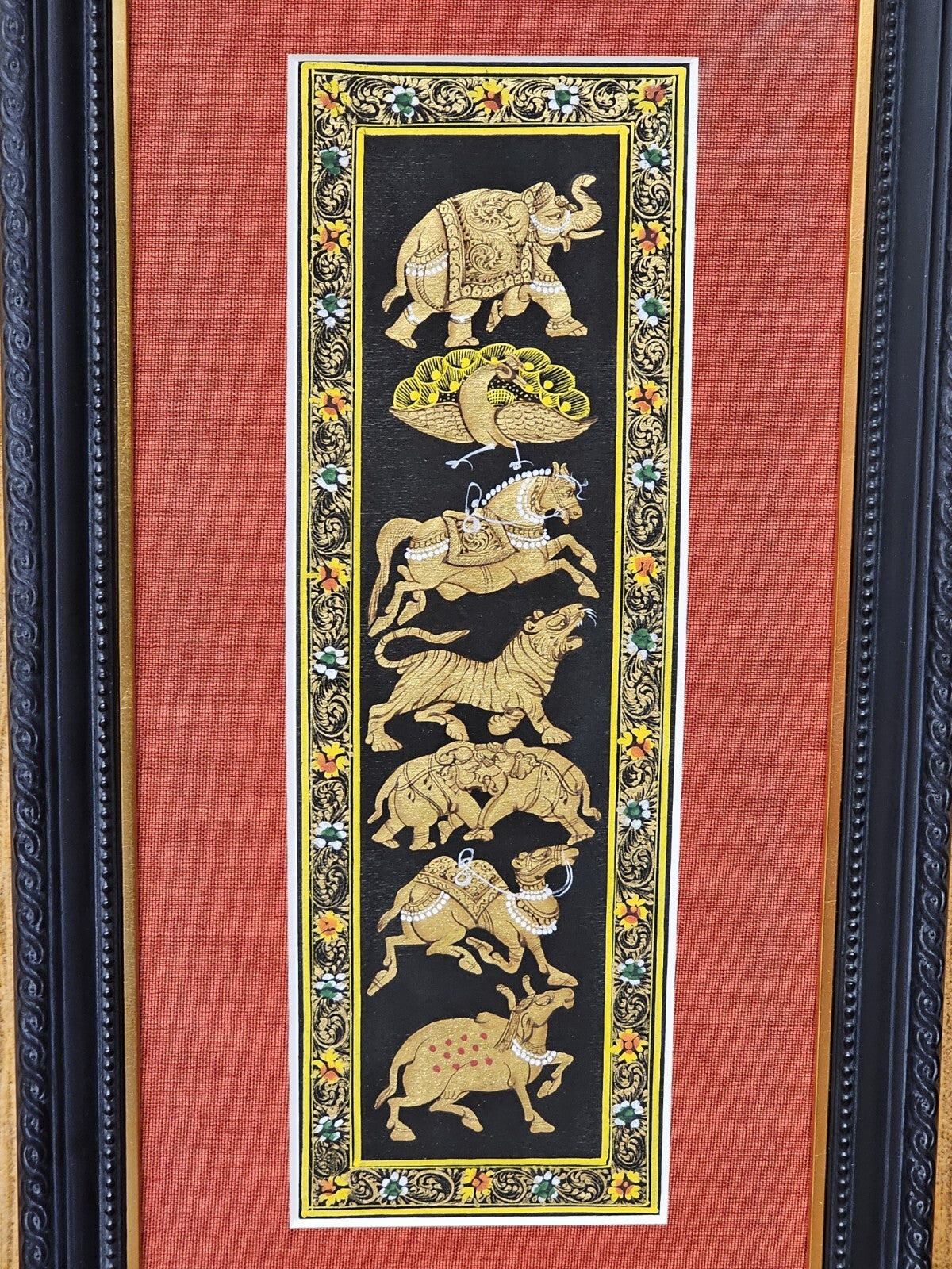 Rajasthani Style Indian Persian Framed Animal Procession Hand Painted On Silk