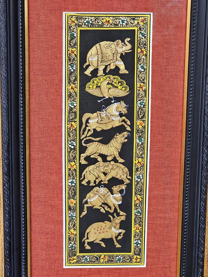 Rajasthani Style Indian Persian Framed Animal Procession Hand Painted On Silk