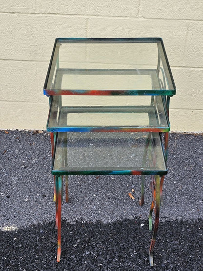 Mid Century Iron Metal Outdoor Nesting Tables w Colorful Leaf Design