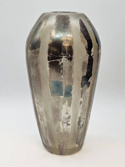 Adam Aaronson? Art Studio Smokey Glass Vase Signed 10 In Tall Silver Metallics