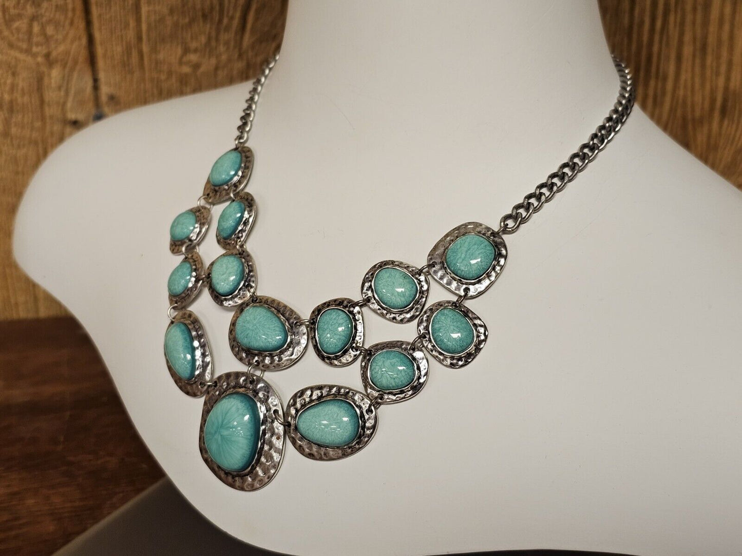 Silver Tone Faux Turquoise Choker Statement Necklace Native American Style