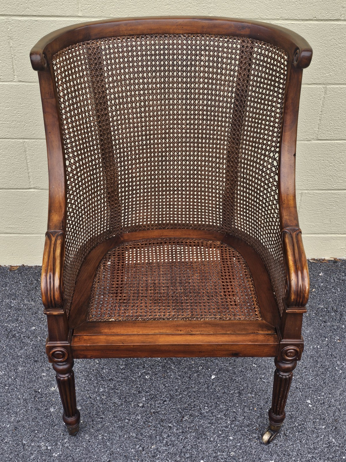 Vtg Regency Style Bergere Cane & Leather Armchair W Original Brass Casters 