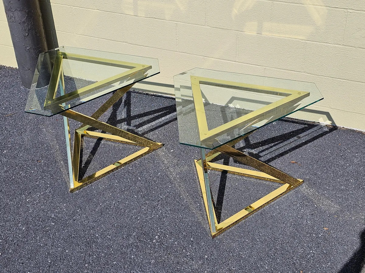 MCM Abstract Triangular Brass Base w Glass Top Accent End Tables