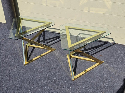 MCM Abstract Triangular Brass Base w Glass Top Accent End Tables