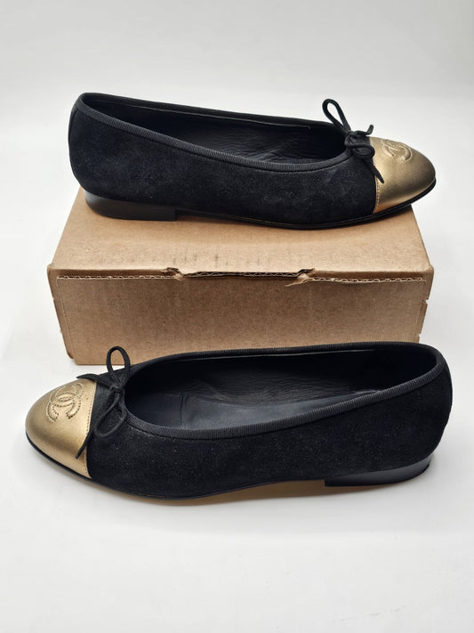 Chanel Ballet Flats Black With Gold Tips Size 36.5 Used