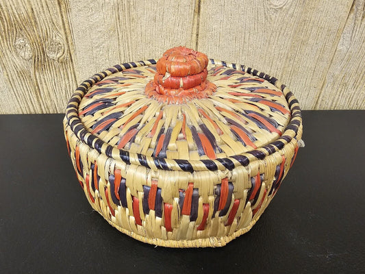 Vintage 1960s Mid-Century Hand Made Round Lidded Woven Basket Storage Sewing 9in