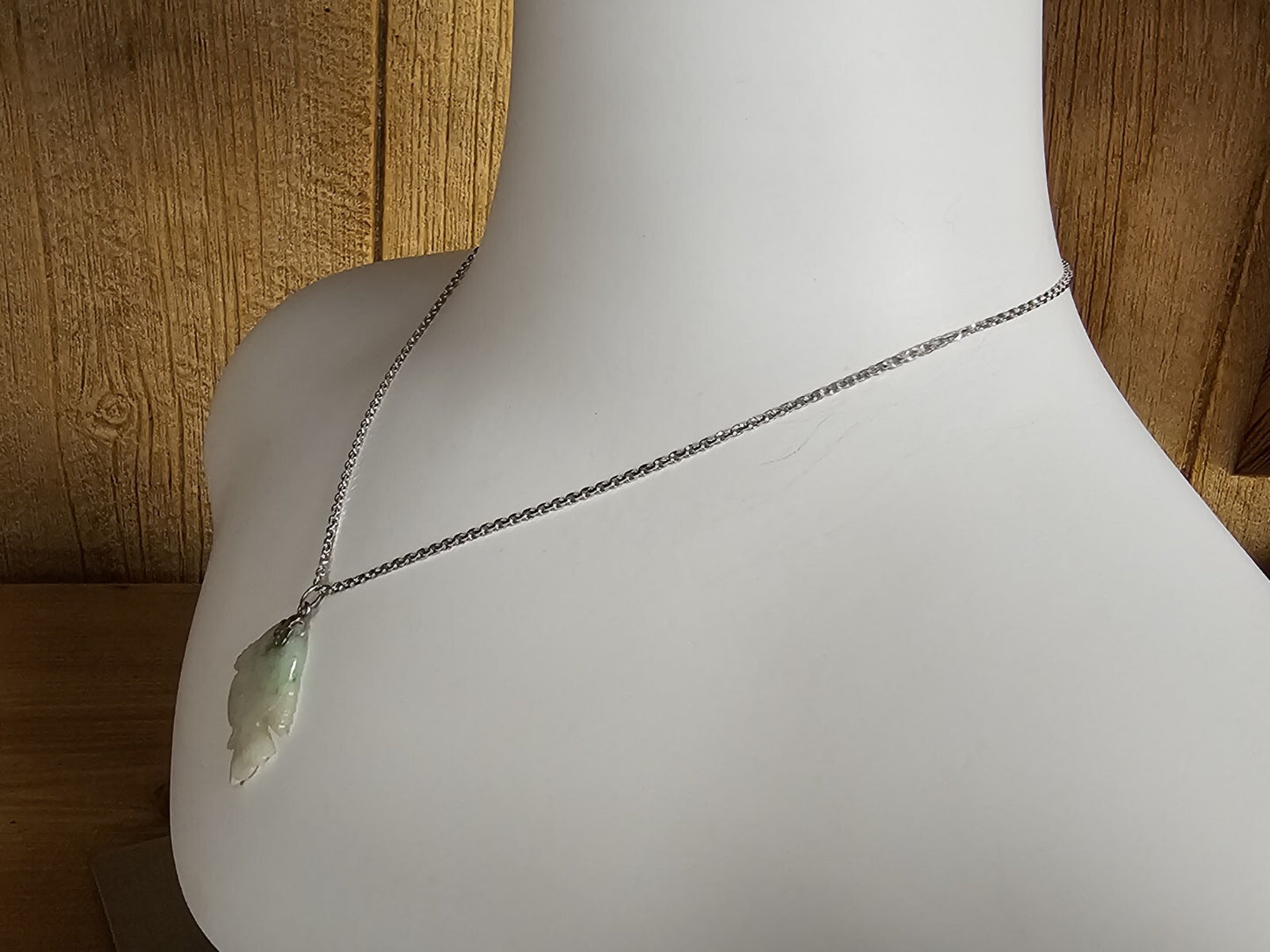 Hand Carved Jade Fish Pendant 1.25" Long On Silver Necklace 17.75" Long
