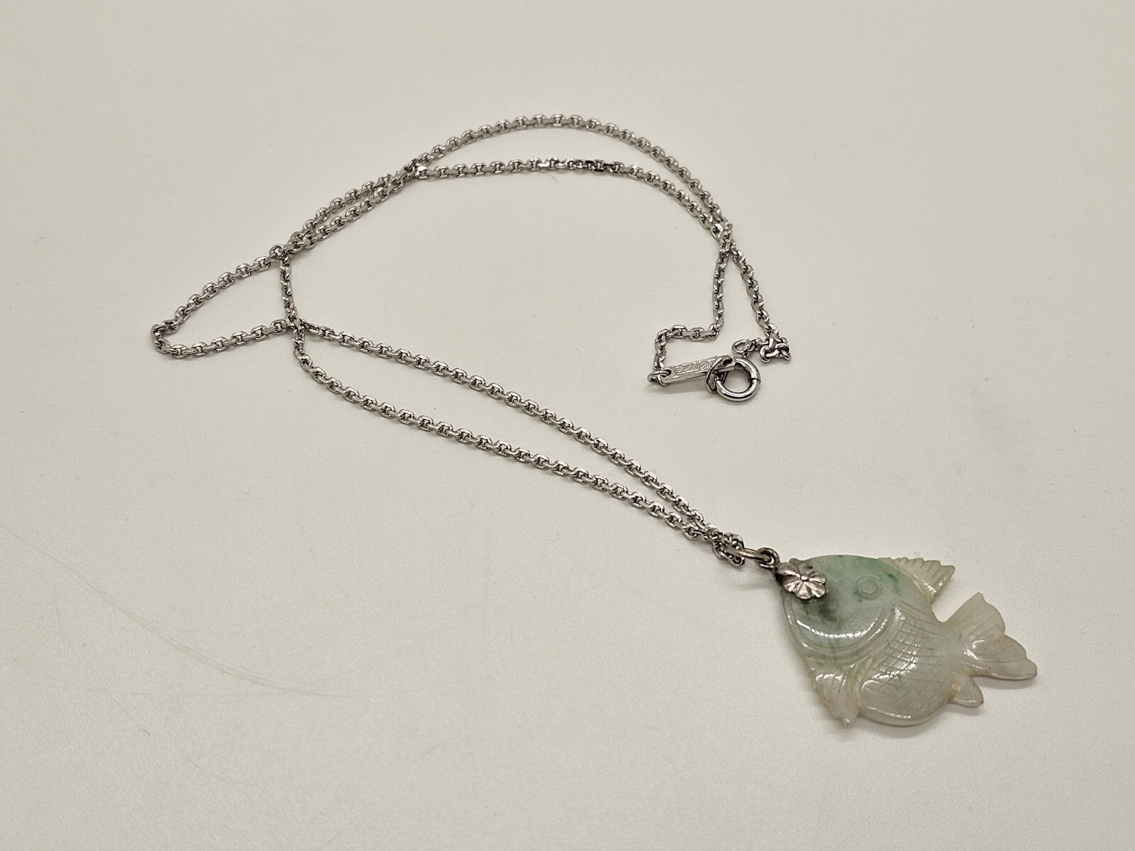Hand Carved Jade Fish Pendant 1.25" Long On Silver Necklace 17.75" Long
