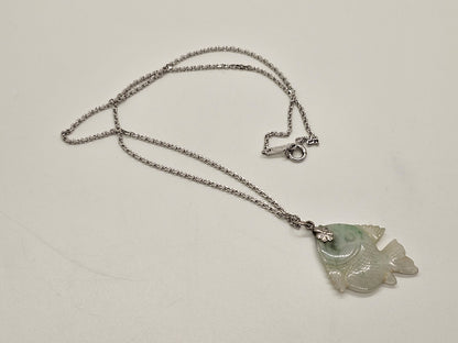 Hand Carved Jade Fish Pendant 1.25" Long On Silver Necklace 17.75" Long