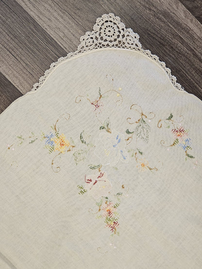 Vintage Handmade Linen Needlepoint Floral Table Cloth Cross Stitched 80" X 64"