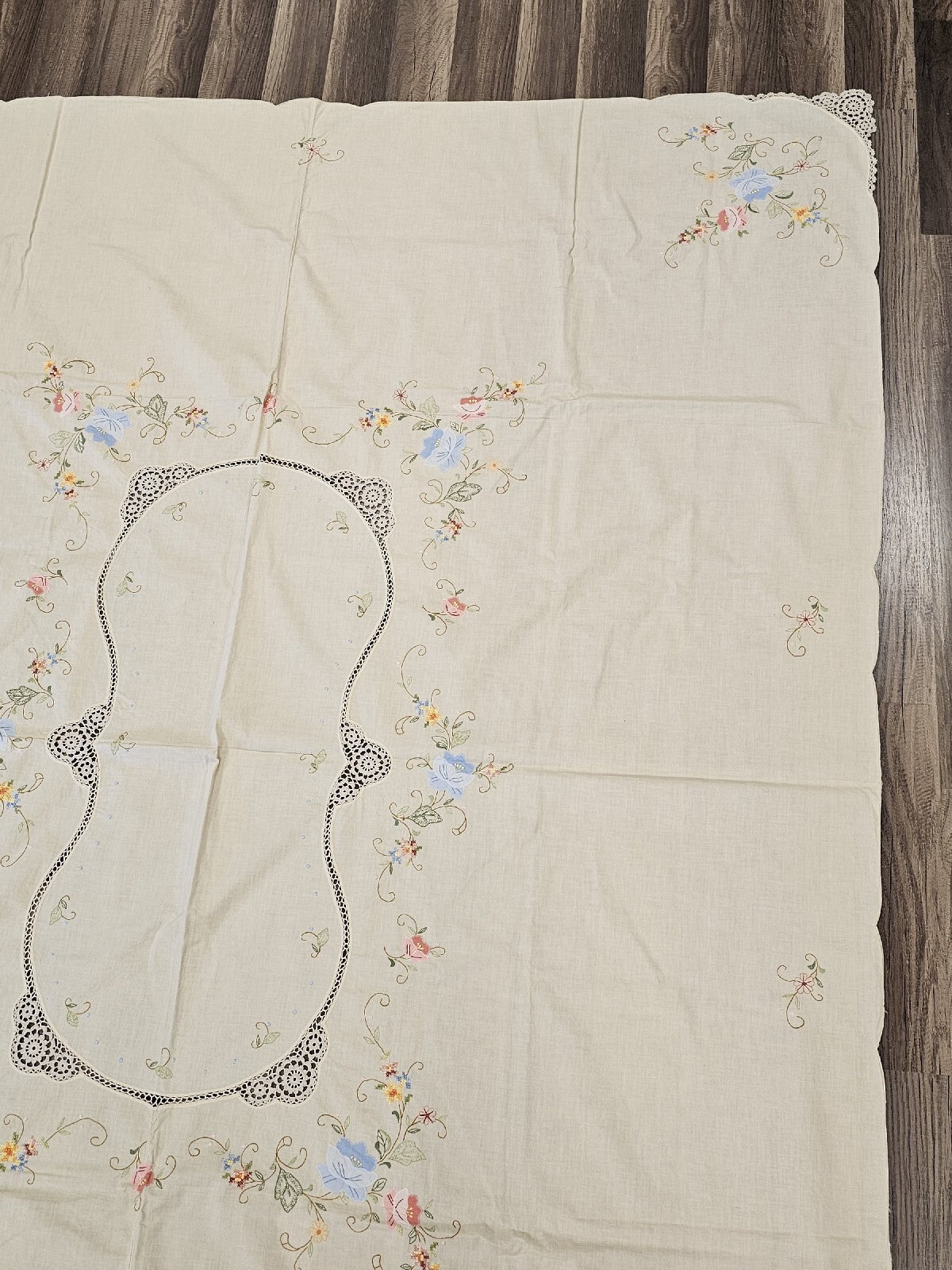 Vintage Handmade Linen Needlepoint Floral Table Cloth Cross Stitched 80" X 64"