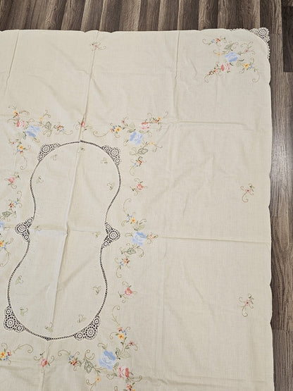 Vintage Handmade Linen Needlepoint Floral Table Cloth Cross Stitched 80" X 64"