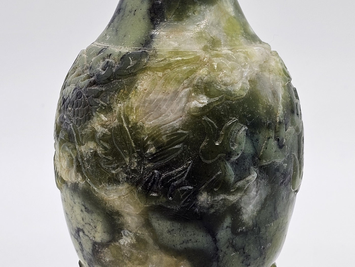 Vtg Chinese Green Jade Like Soapstone Vase With Dragon & Original Tag 6" Tall